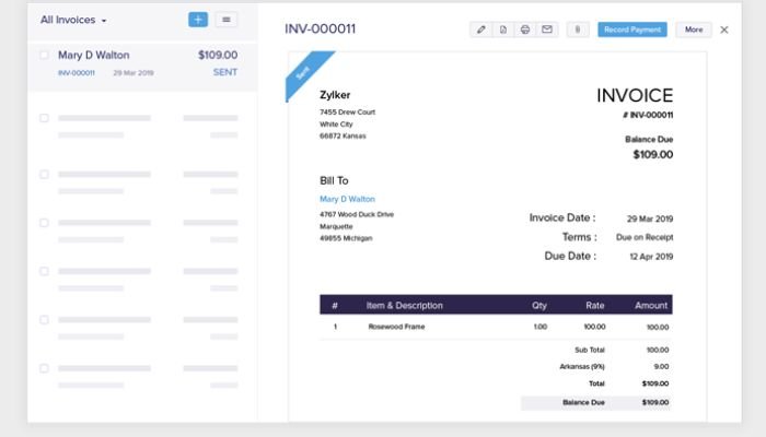 Zoho books interface